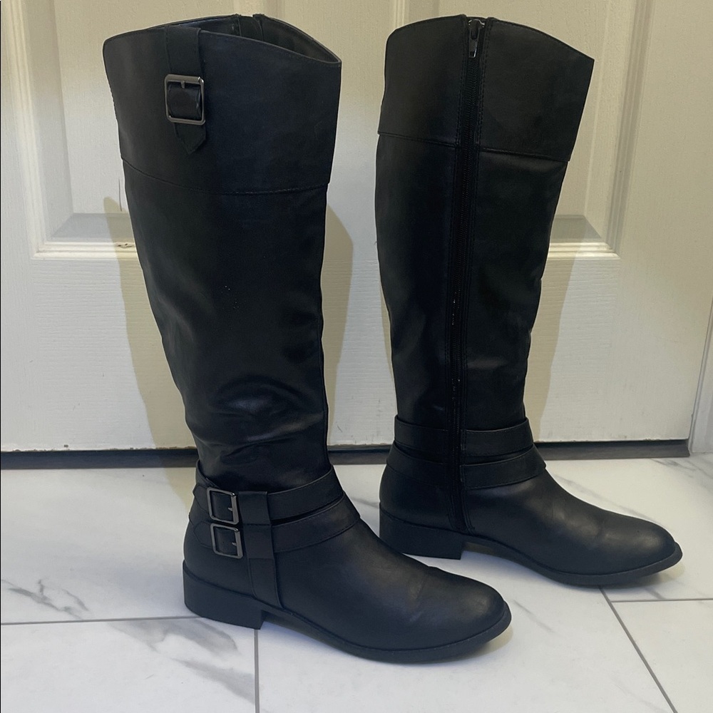 American Eagle Riding Boots Black Knee-High Buckle Details Zippers Sz 9.5
